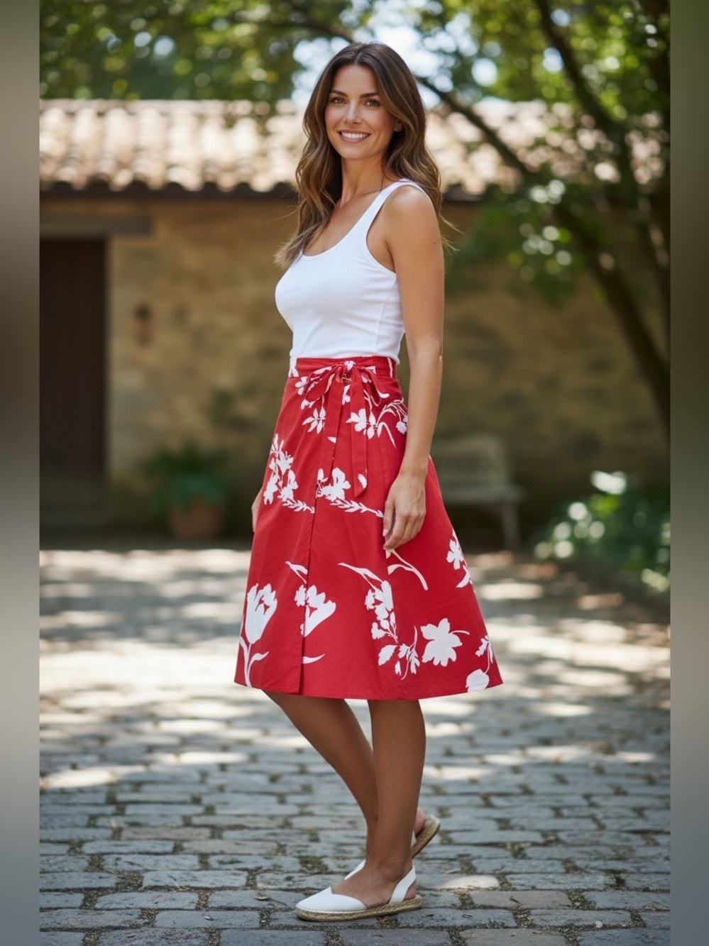 Anthropologie Red and White Floral Wrap Around Tie Skirt